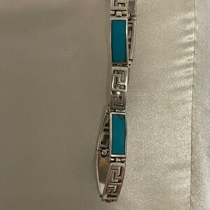 Greek Key Silver Bracelet Turquoise Stones Jewelry Sz 7”